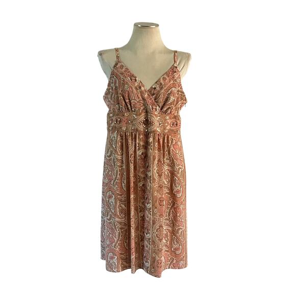 Vtg Y2K 2000s Pink Brown Paisley Beaded Sequin Baby Doll Dress Plus Sz 16 Boho - Picture 1 of 7